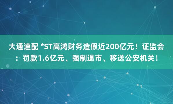 大通速配 *ST高鸿财务造假近200亿元！证监会：罚款1.6亿元、强制退市、移送公安机关！